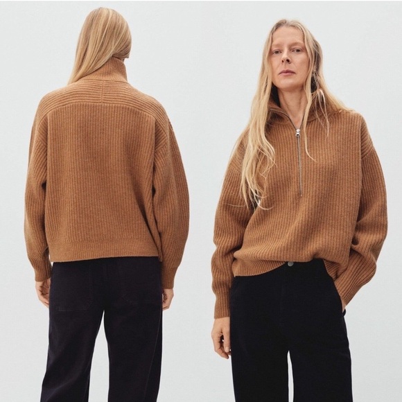 Everlane Sweaters - Everlane Felted Merino Wool Half-Zip Sweater in Deep Camel Ribbed Pull Over XS